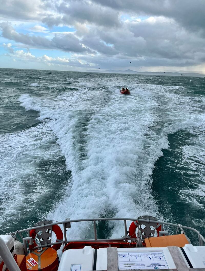 Howth RNLI’s inshore lifeboat follows the rescue group’s all-weather boat after rescuing a group of kayakers who got into trouble off Malahide on Sunday afternoon. Photograph: RNLI Howth