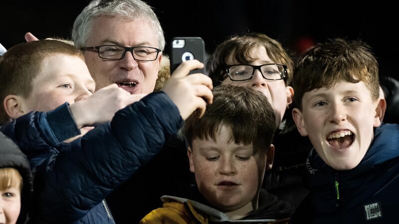 Joe Brolly with some young supporters at Elvery’s MacHale Park after the Allianz Football League Division 1 match between Mayo and Dublin back in February. Photograph: Evan Logan/Inpho
