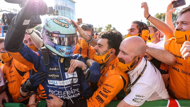 Ricciardo celebrates victory. Photo: Lars Baron/AFP via Getty Images