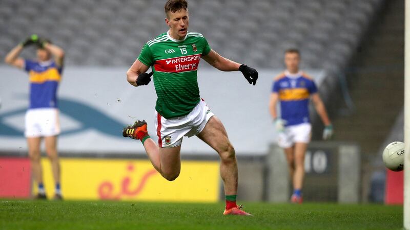 Mayo’s Cillian O’Connor scores his side’s third goal of the game in the All-Ireland SFC semi-final against Tipperary at Croke Park on December 6th. Photograph: Ryan Byrne/Inpho