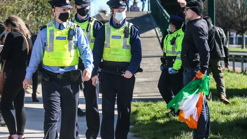 Gardaí patrol a protest outside the headquarters of RTÉ in Dublin on Wednesday. Photograph: Damian Storan/PA Wire
