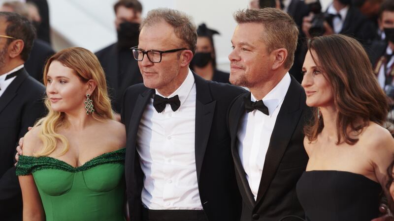 Abigail Breslin (from left), director Tom McCarthy, Matt Damon and Camille Cottin at the red-carpet event for Stillwater at Cannes Film Festival