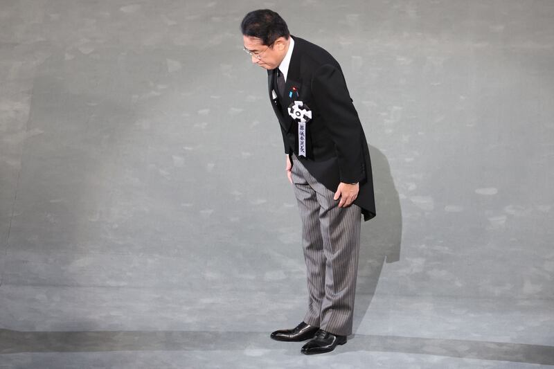 Japan's prime minister Fumio Kishida bows during the state funeral for Japan's former prime minister Shinzo Abe in the Nippon Budokan in Tokyo. Photograph: Takashi Aoyama/AFP
