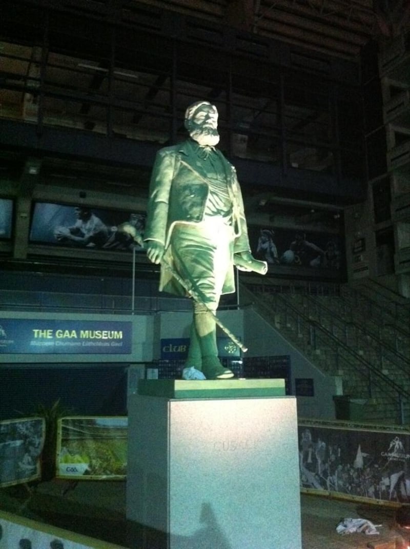 The Michael Cusack statue at night in Croke Park 