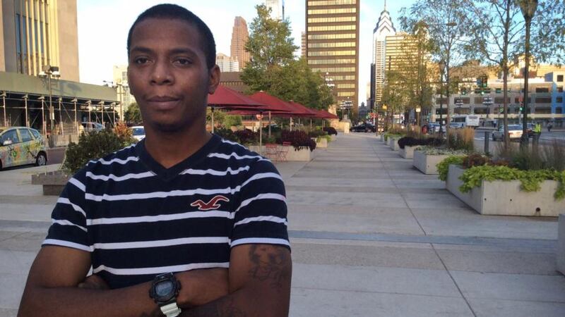 Jamere Saunders (25) from North Philadelphia, a worker at McDonald’s, is campaigning for an increase in wages for fast-food employees to $15 a hour. Photograph: Simon Carswell