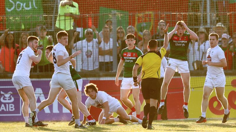 Mayo’s Conor Loftus and Diarmuid O’Connor react as referee David Gough awards Kildare a late free during the All-Ireland SFC qualifier at St Conleth’s Park in  Newbridge in 2018. Photograph: James Crombie/Inpho