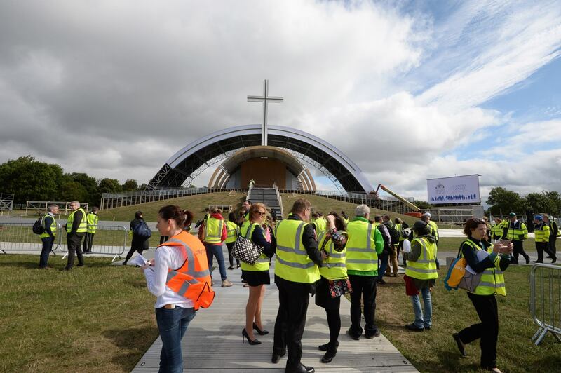 Media visit the site for an informal briefing on arrangements in the Phoenix Park for Mass with Pope Francis on Sunday, August 26th. 
Photograph: Dara MacDonaill/ The Irish Times