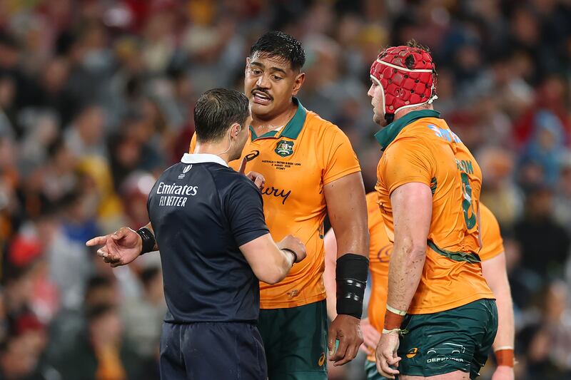 Referee Nika Amashukeli has a word with Australia's Will Skelton after the player clashed with James Ryan of the Lions during the third Test. Photograph: Cameron Spencer/Getty Images