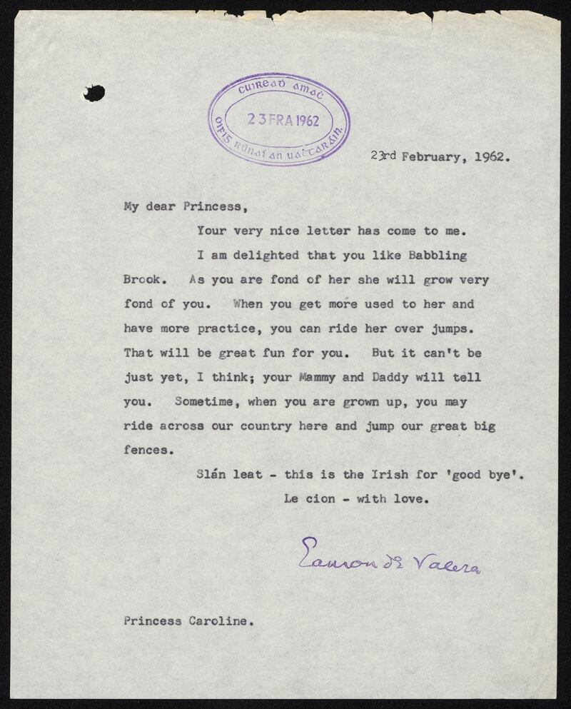 Letter from Éamon de Valera to Princess Caroline
