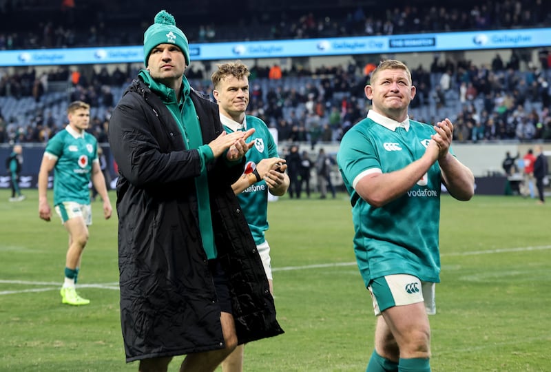 Tadhg Beirne reminding himself what it's like to be on the pitch, after the game with Josh van der Flier and Tadhg Furlong. Photograph: Dan Sheridan/Inpho