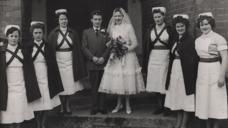 Bill and Mary Newsome marrying in Coventry in the 1950s, pictured with Mary’s nursing colleagues. Bill was 14 years old when his dad brought him from Wicklow to Coventry in 1948. He held a variety of jobs in the city and met Mary - who had moved from Co Monaghan in 1956 to train as a nurse - at the Banba nightclub. Photograph: Coventry Irish Society