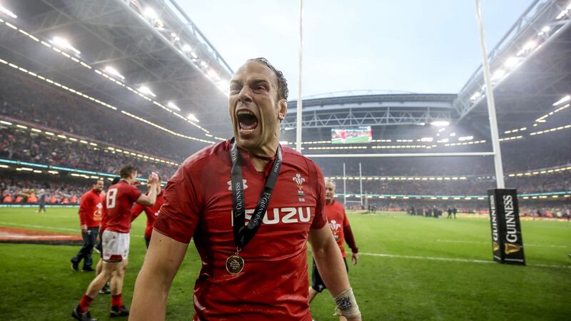 Wales’ Alun Wyn Jones celebrates after the game in Cardiff. Photograph: Dan Sheridan/Inpho