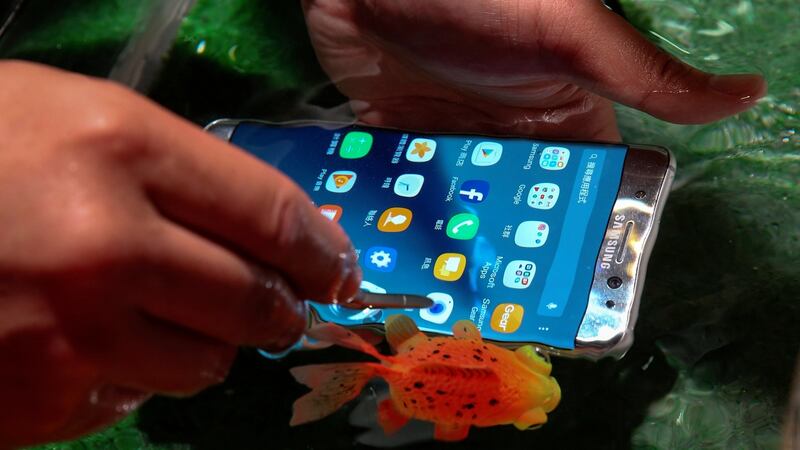 A visitor tries a Galaxy Note 7, the newest phablet from Samsung Electronics, submerged under water in Taipei