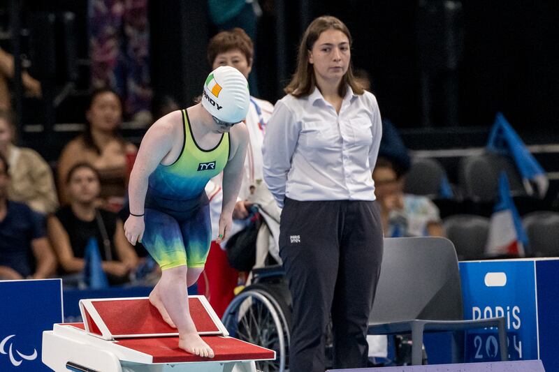 Ireland's Dearbhaile Brady ahead of the S6 50m butterfly final at La Défense Arena in Paris. Photograph: Tom Maher/Inpho