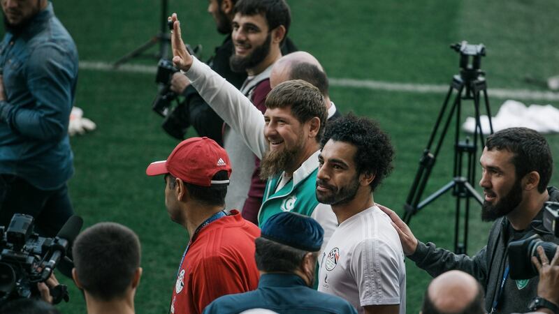 Chechen leader Ramzan Kadyrov and Egypt forward Mohamed Salah at the Akhmat Arena in Grozny. Photograph: Maxim Bebenko/NYT