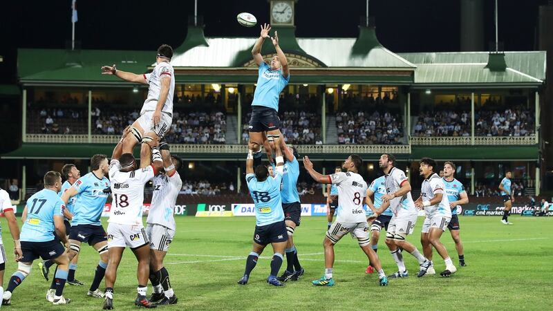Ned Hanigan wins a lineout for the Waratahs during their clash with the Crusaders. Photograph: Mark Kolbe/Getty