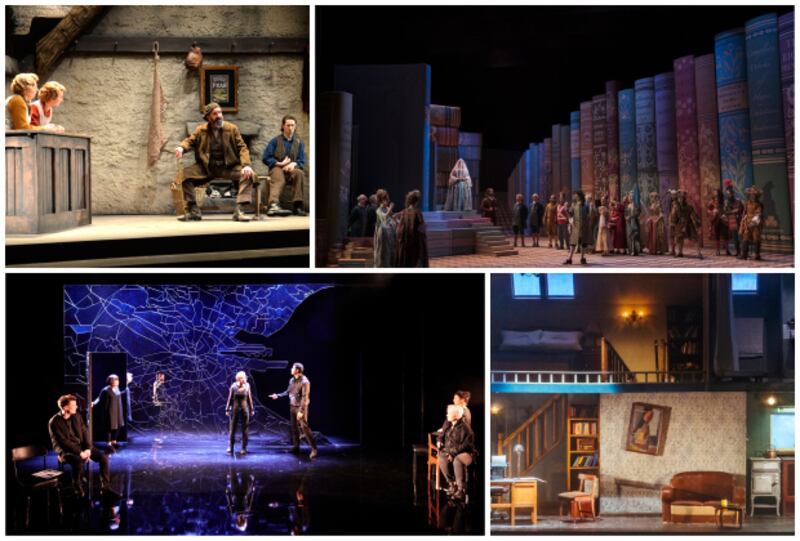 Best set design nominees (clockwise from top left) Owen MacCarthaigh, The Cripple of Inishmaan; Nicky Shaw, La Cenerentola; Andrew Clancy, Beckett’s Room; and Sarah Bacon, Citysong