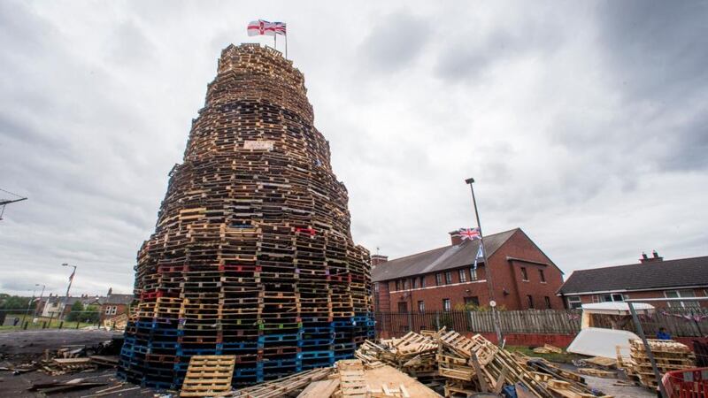 Twelfth of July bonfire: a loyalist bonfire at Bloomfield Walkway in Belfast. Photograph: PA Wire