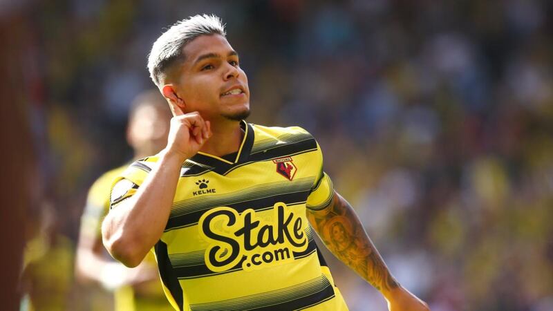 Cucho Hernandez celebrates after scoring  Watford’s third goal during the Premier League match against  Aston Villa at Vicarage Road. Photograph: Charlie Crowhurst/Getty Images