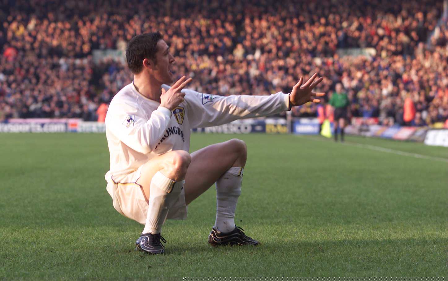 Robbie Keane celebrates a goal for Leeds United in 2001. Now he returns to the club as assistant to Sam Allardyce. Photograph: Laurence Griffiths/Allsport 