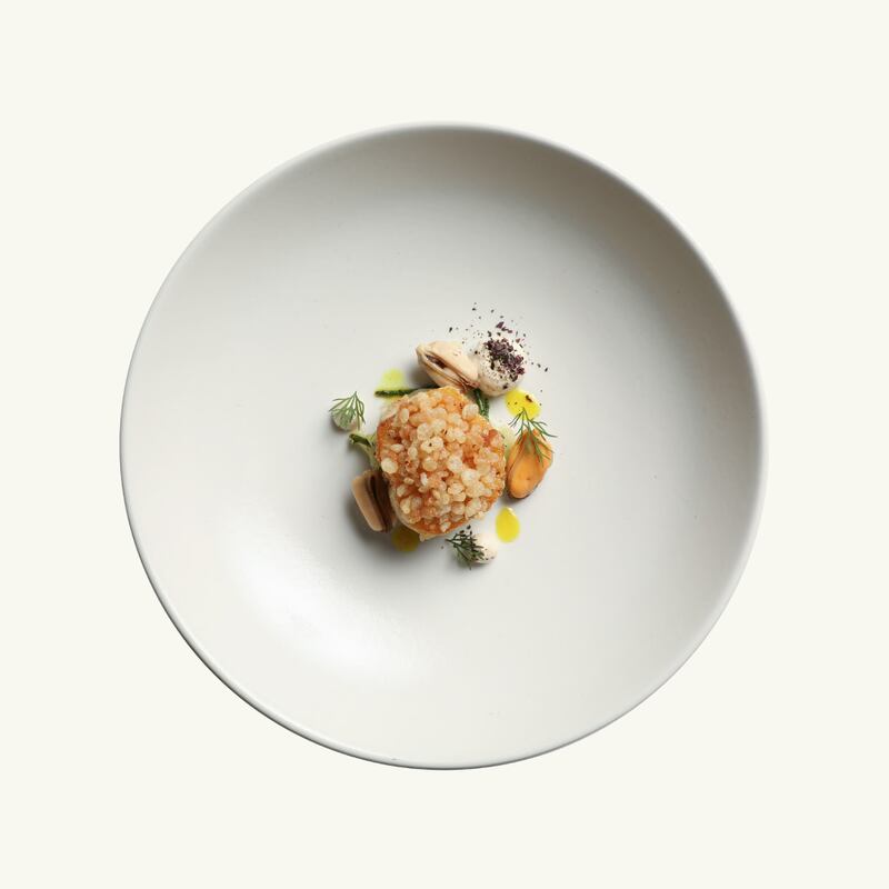 Fish supper: Cod, pickled mussels, confit fennel, samphire, beer emulsion.