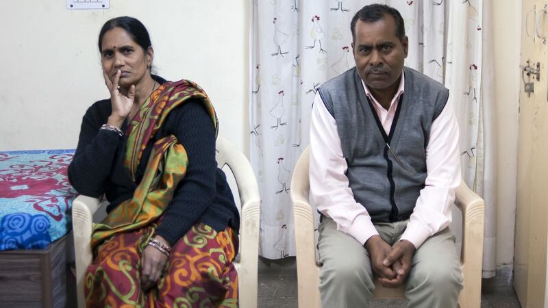 Asha Devi and Badrinath Singh, Jyoti’s parents, at home in Delhi. Photograph: Arkaprava Ghosh/Barcroft India via Getty Images