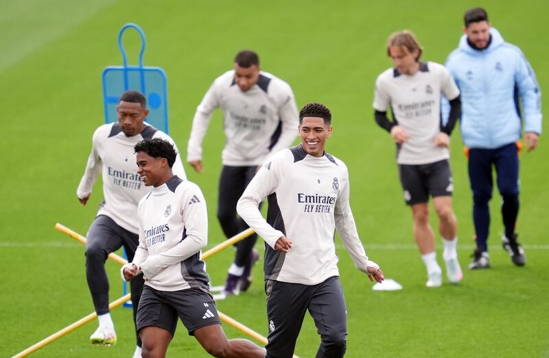 Real Madrid's Jude Bellingham and Endrick during training at the Ciudad Real Madrid Florentino Perez on Tuesday ahead of the second leg against Arsenal. Photograph: Adam Davy/PA Wire
