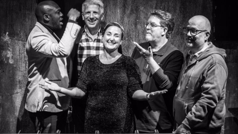 Elnathan John, Patrick Gale, Will Ferguson and Dan Kois celebrate Michelle’s longlisting in the Cheshire Novel Prize, trying to take credit for it having taught her for two days. Photograph: Roman Gerasymenko
