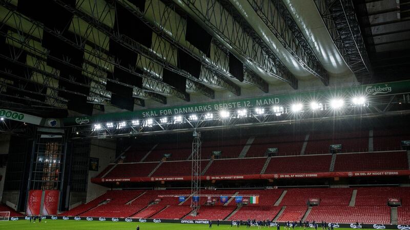 The Republic of Ireland   train under a closed roof at the Parken Stadium. Photograph: Ryan Byrne/Inpho