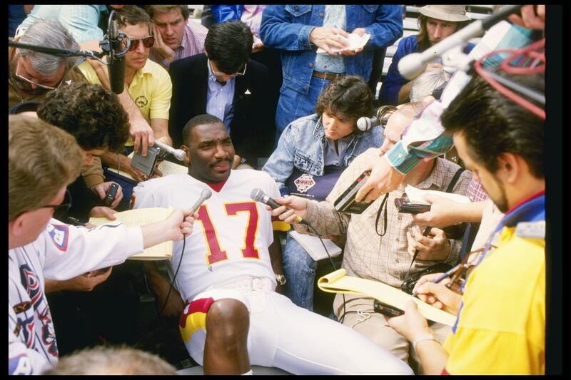 Washington Redskins quarterback Doug Williams fields questions during media day for Super Bowl XXII against the Denver Broncos at Jack Murphy Stadium in San Diego in 1988. The Redskins won the game, 42-10. Photograph: Mike Powell/Getty Images
