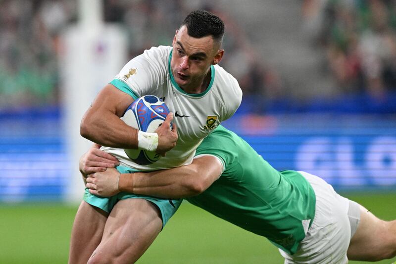 South Africa's outside centre Jesse Kriel is tackled during the World Cup game against Ireland at the Stade de France in Saint-Denis, Paris. Photograph: Martin Bureau/aFP/Getty Images