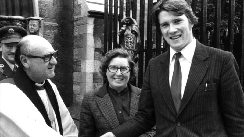 The youngest member of the new Dáil in 1981, Ivan Yates (21), and his mother Elizabeth Yates are welcomed to St Patrick’s Cathedral, Dublin, by Victor Griffin. Photograph: Paddy Whelan / The Irish Times