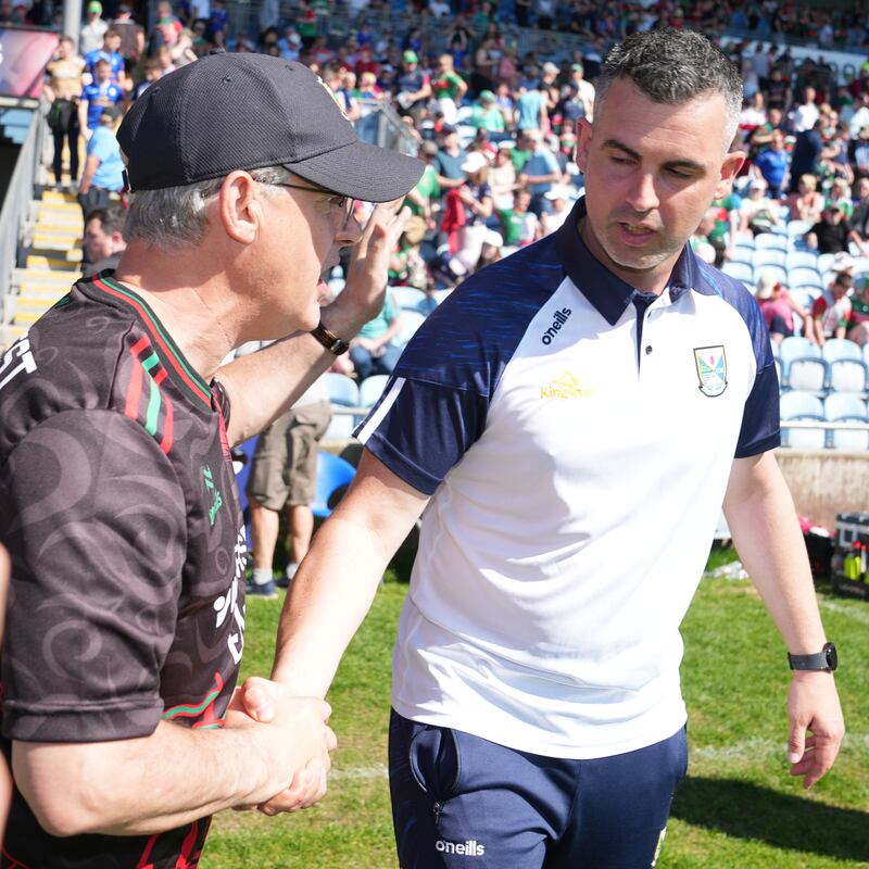 Mayo manager Kevin McStay and Cavan's Raymond Galligan. Photograph: James Lawlor/Inpho