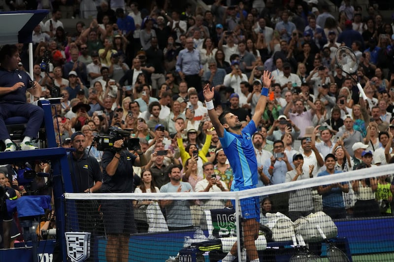 Novak Djokovic of Serbia reacts after winning the US Open men's singles final against Daniil Medvedev of Russia. Photograph: Michelle V Agins/The New York Times
                      
