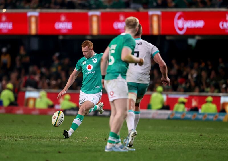 Ciaran Frawley kicks a late drop goal to snatch victory over South Africa in the second Test at Hollywoodbets Kings Park, Durban. Photograph: Dan Sheridan/Inpho 