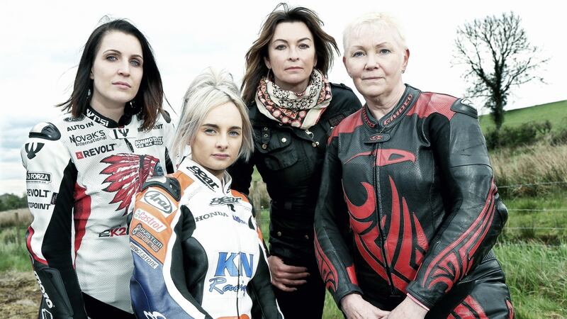 Yvonne Montgomery (right) and fellow female road racers Veronika Hankocyova and Melissa Kennedy with TV presenter Suzi Perry at the 2017 Cookstown 100 road races. Photograph: Stephen Davison
