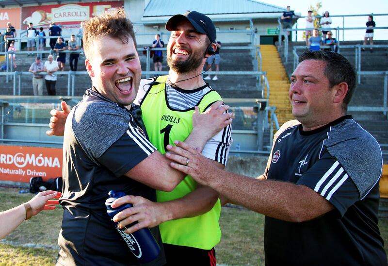 Davy Burke and his mentors celebrate after Kildare's victory over Dublin in the 2018 Leinster U20 football championship final at Bord na Mona O'Connor Park, Tullamore. Photograph: Tommy Dickson/Inpho
