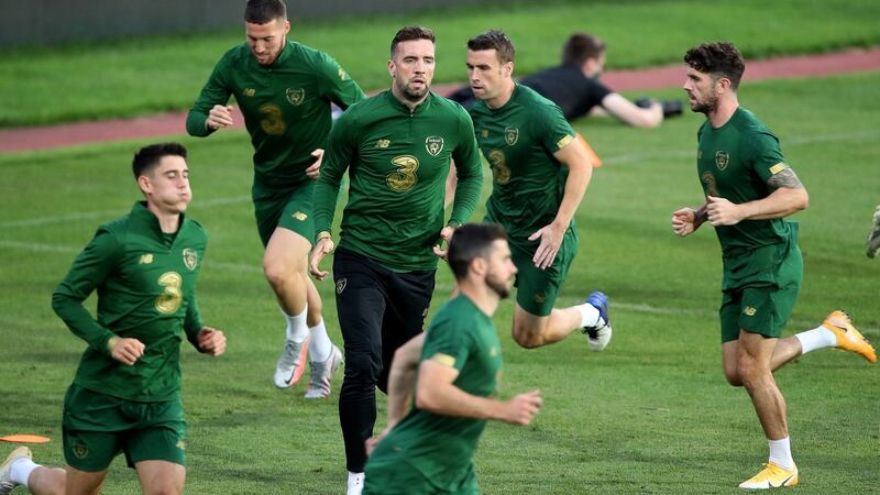 Republic of Ireland  players train ahead of the Nations League game against Bulgaria at the Vasil Levski National Stadium in Sofia on Thursday. Photograph: Kostadin Andonov/Inpho