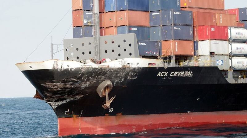 ACX Crystal: the damaged bow of the cargo ship after its collision with the USS Fitzgerald. Photograph: Japan Coast Guard via New York Times