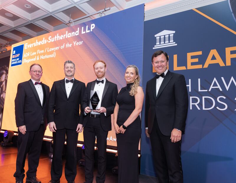 Richard Hammond, solicitor and partner at Hammond Good LLP and chair of the judging panel of the Leap Irish Law Awards; Graham Kenny, partner at Eversheds-Sutherlands LLP; Cillian Hunter-McGowan; Melissa Kenny, senior associate at Eversheds-Sutherlands LLP; and Anton Savage, MC of the night. Photograph: Paul Sherwood