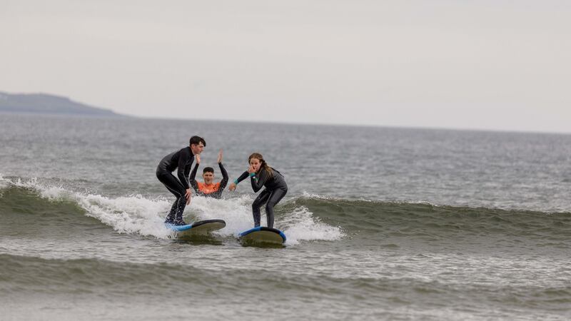 Owen Murphy of Murph’s Surf School giving a surf lesson on Tullan strand. Photograph: James Connolly