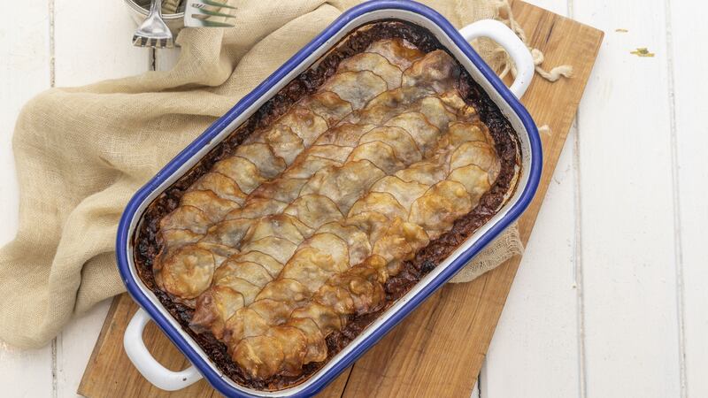 Crunchy potato, beef and chorizo hot pot. Photograph: Harry Weir