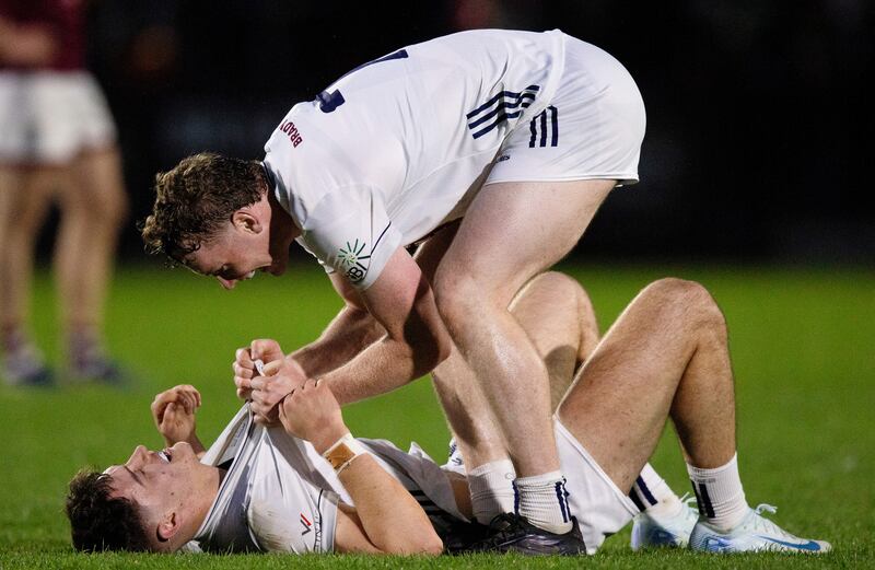 Kildare's James McGrath celebrates with Callum Bolton after their Leinster SFC win against Westmeath. Photograph: Leah Scholes/Inpho