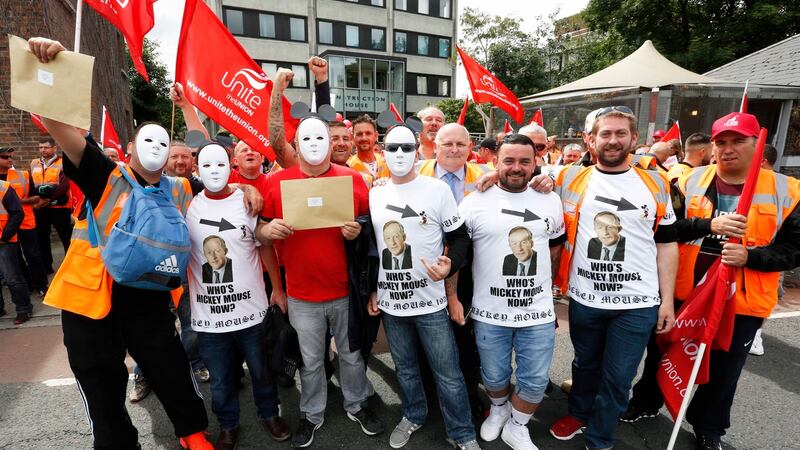 Following the break-up of talks, Unite crane operators take their demands to Construction House. Photograph: RollingNews.ie