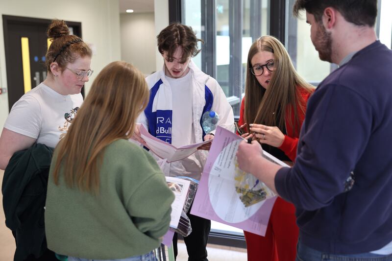 Students Tammy Carter, Susan Walsh, Páidí Malone, Lucy McEvoy and Finn Skehill at Belmayne Educate Together Secondary School, Dublin. Photograph: Dara Mac Dónaill 