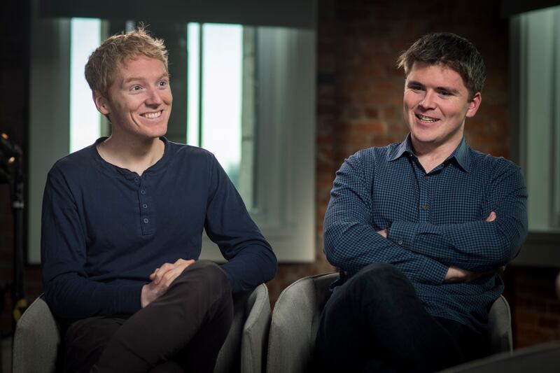 Patrick Collison, chief executive officer and co-founder of Stripe left, with his brother John Collison, president and co-founder of Stripe. Photograph: David Paul Morris/Bloomberg via Getty Images