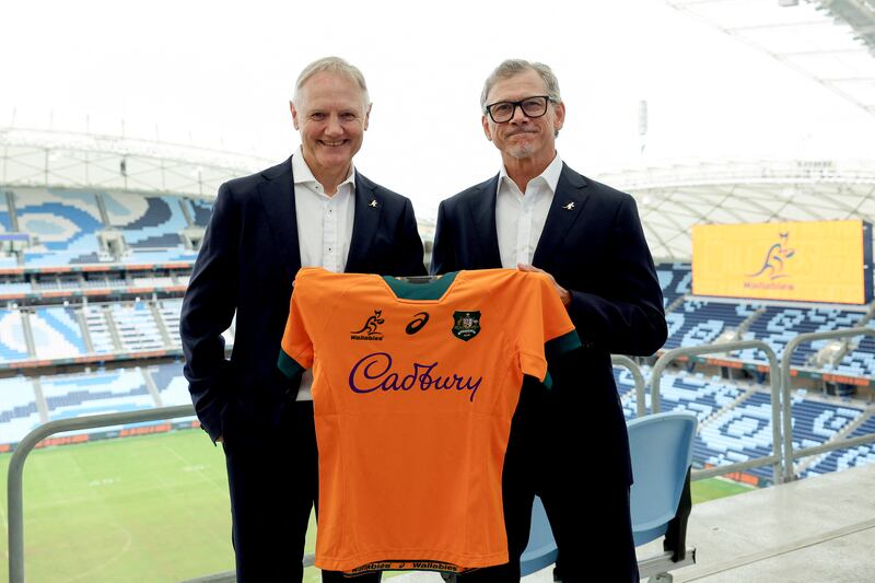 Wallabies head coach Joe Schmidt with incoming head coach Les Kiss at Allianz Stadium in Sydney on April 30th. Photograph: Saeed Khan/AFP via Getty Images          