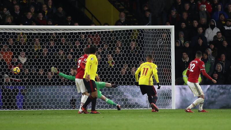 Doucoure (not pictured) scores Watford’s second goal. Photo: Andrew Mathews/PA