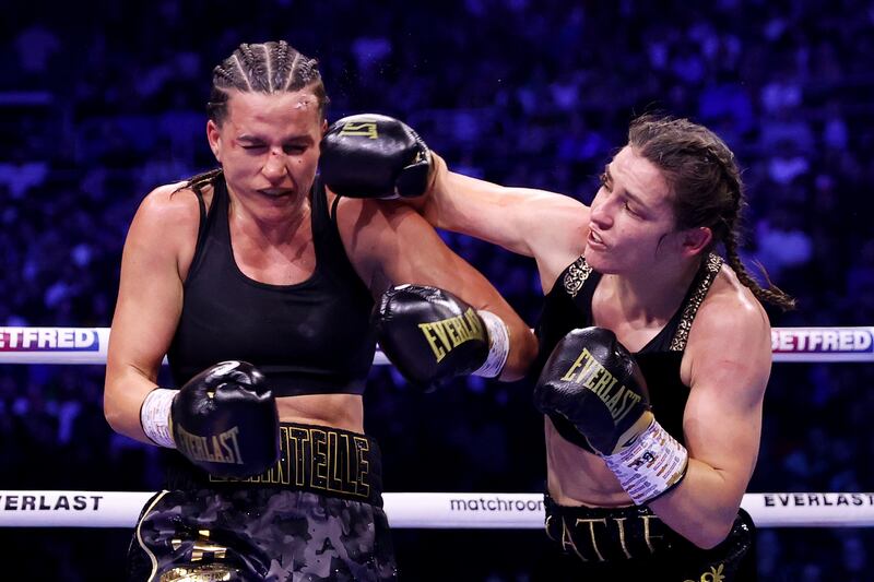 Katie Taylor punches Chantelle Cameron during their rematch fight at the 3Arena, Dublin, on Saturday.  One judge scored it as a 95-95 draw, the other two sided with Taylor, 96-94, 98-92. Photograph: James Chance/Getty Images