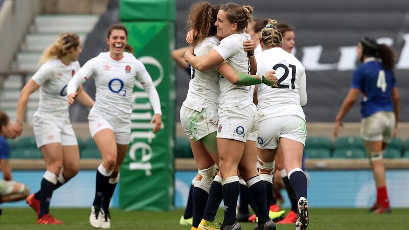 England women celebrate their win over France. Photograph: Adrian Dennis/Getty/AFP